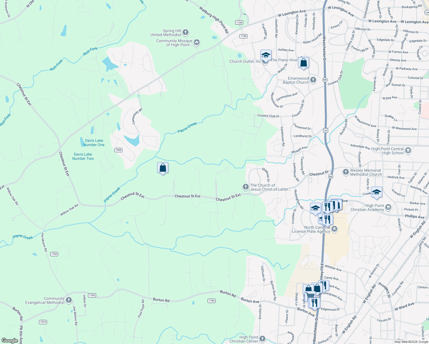 map of restaurants, bars, coffee shops, grocery stores, and more near 2375 Addison Boulevard in High Point