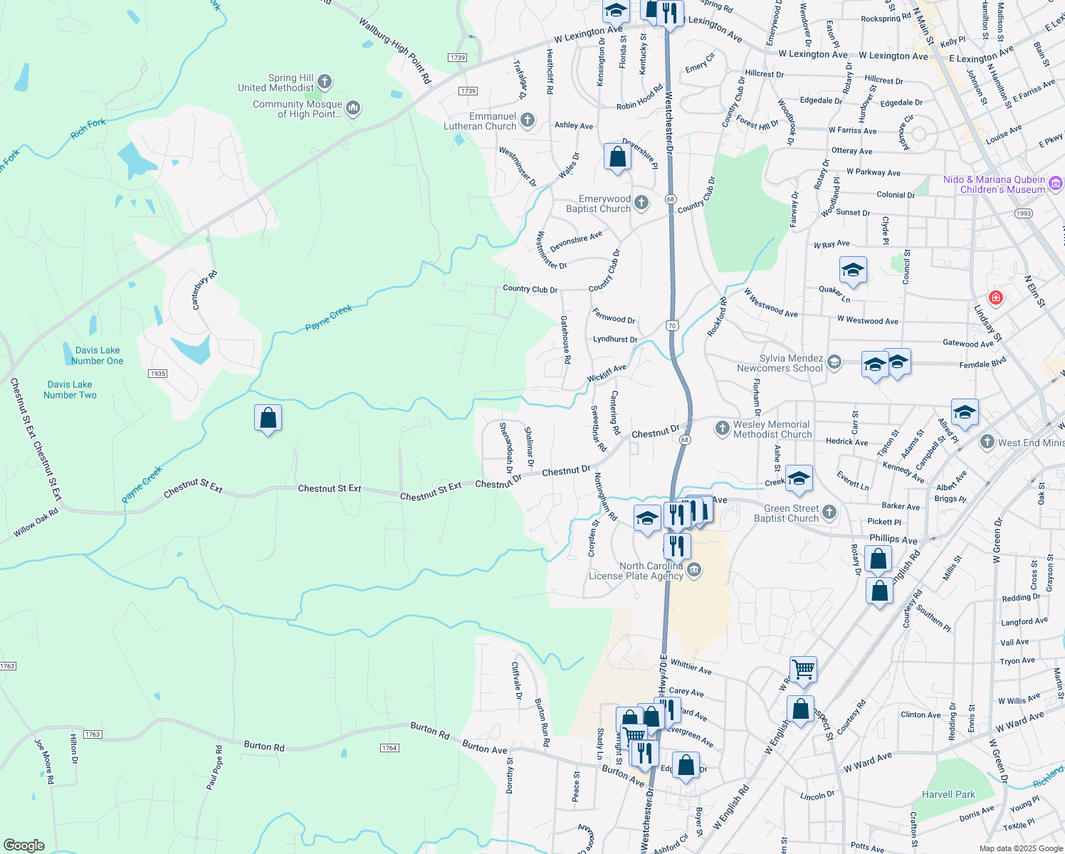 map of restaurants, bars, coffee shops, grocery stores, and more near 1014 Shalimar Drive in High Point