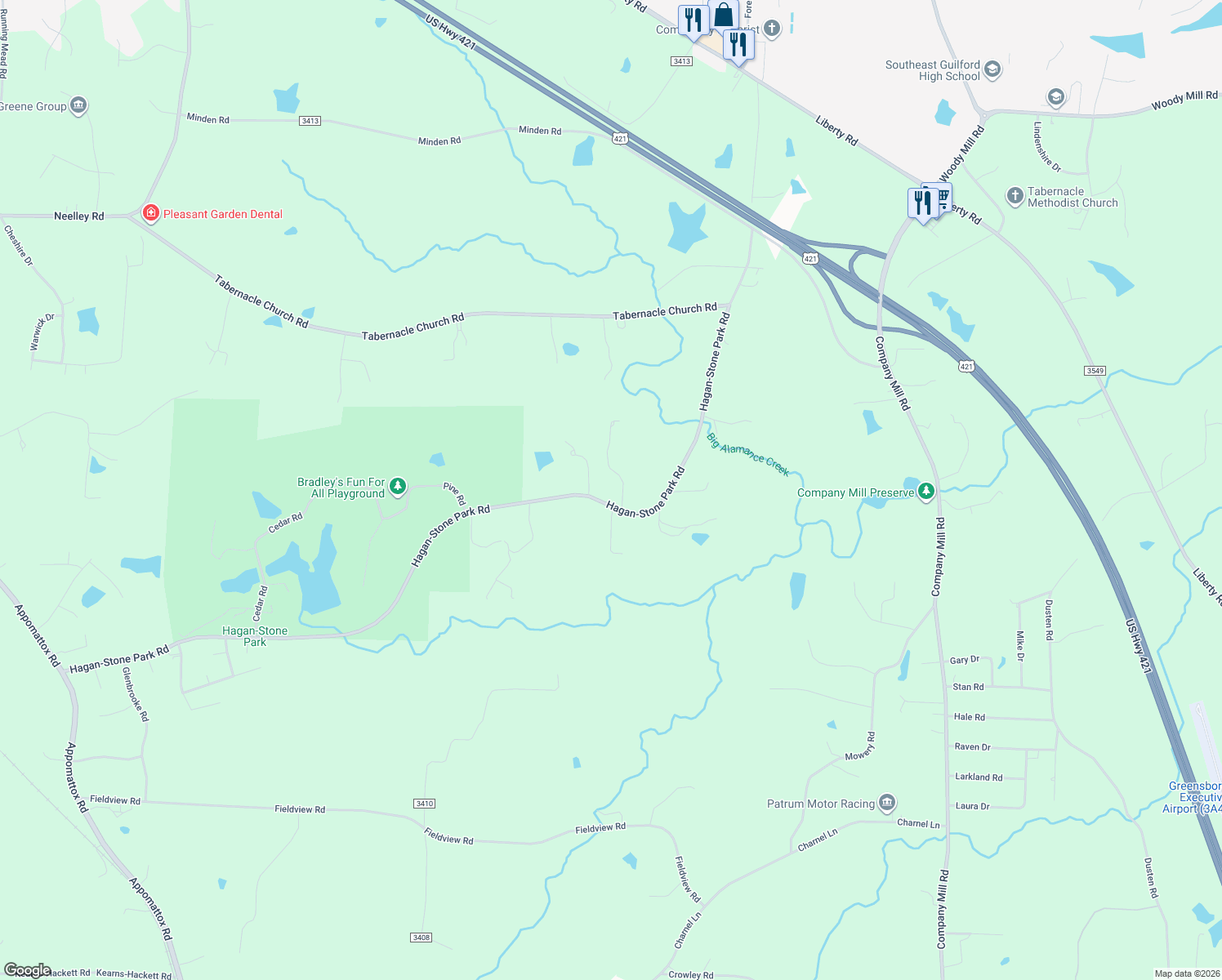 map of restaurants, bars, coffee shops, grocery stores, and more near 5804 Hagan-Stone Park Road in Pleasant Garden