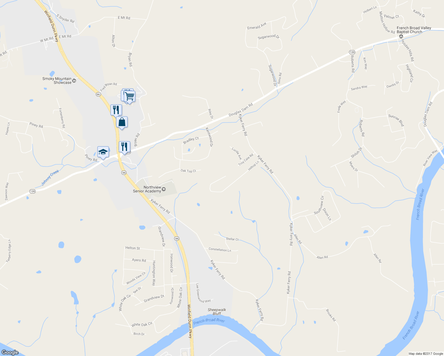 map of restaurants, bars, coffee shops, grocery stores, and more near 1099 Hilltop Lane in Kodak