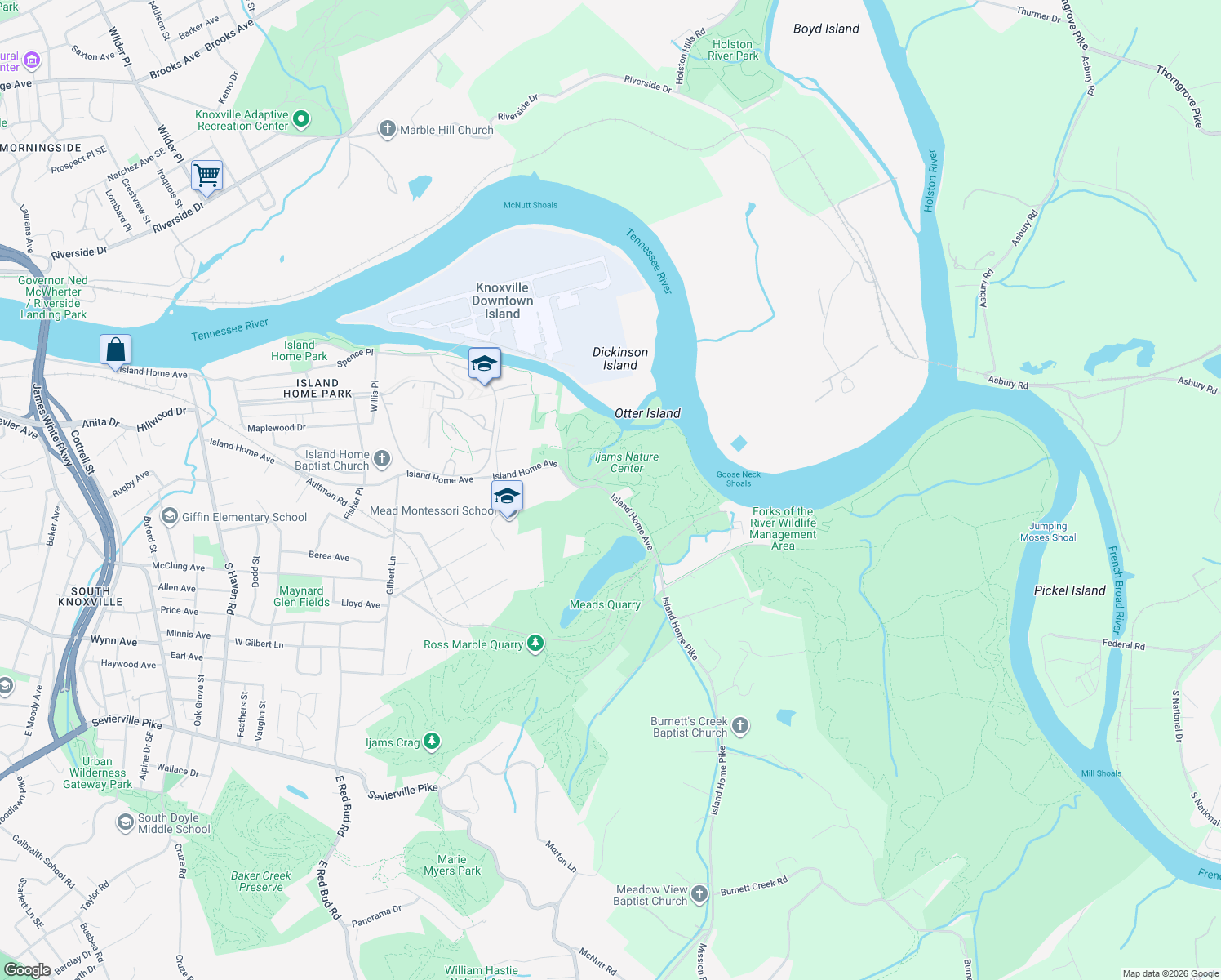 map of restaurants, bars, coffee shops, grocery stores, and more near 3217 Island Home Avenue in Knoxville