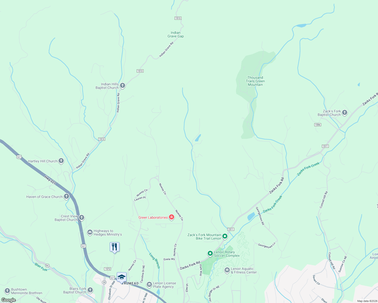 map of restaurants, bars, coffee shops, grocery stores, and more near 2305 Old Mill Road in Lenoir