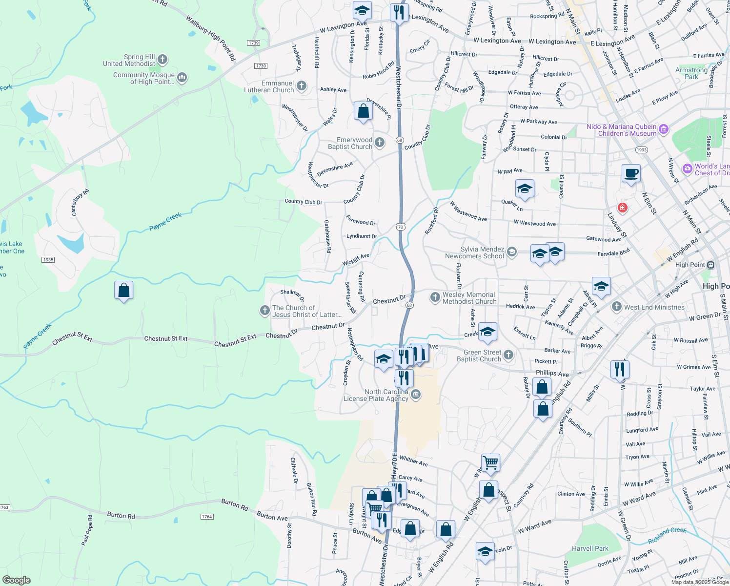 map of restaurants, bars, coffee shops, grocery stores, and more near 1024 Cantering Road in High Point