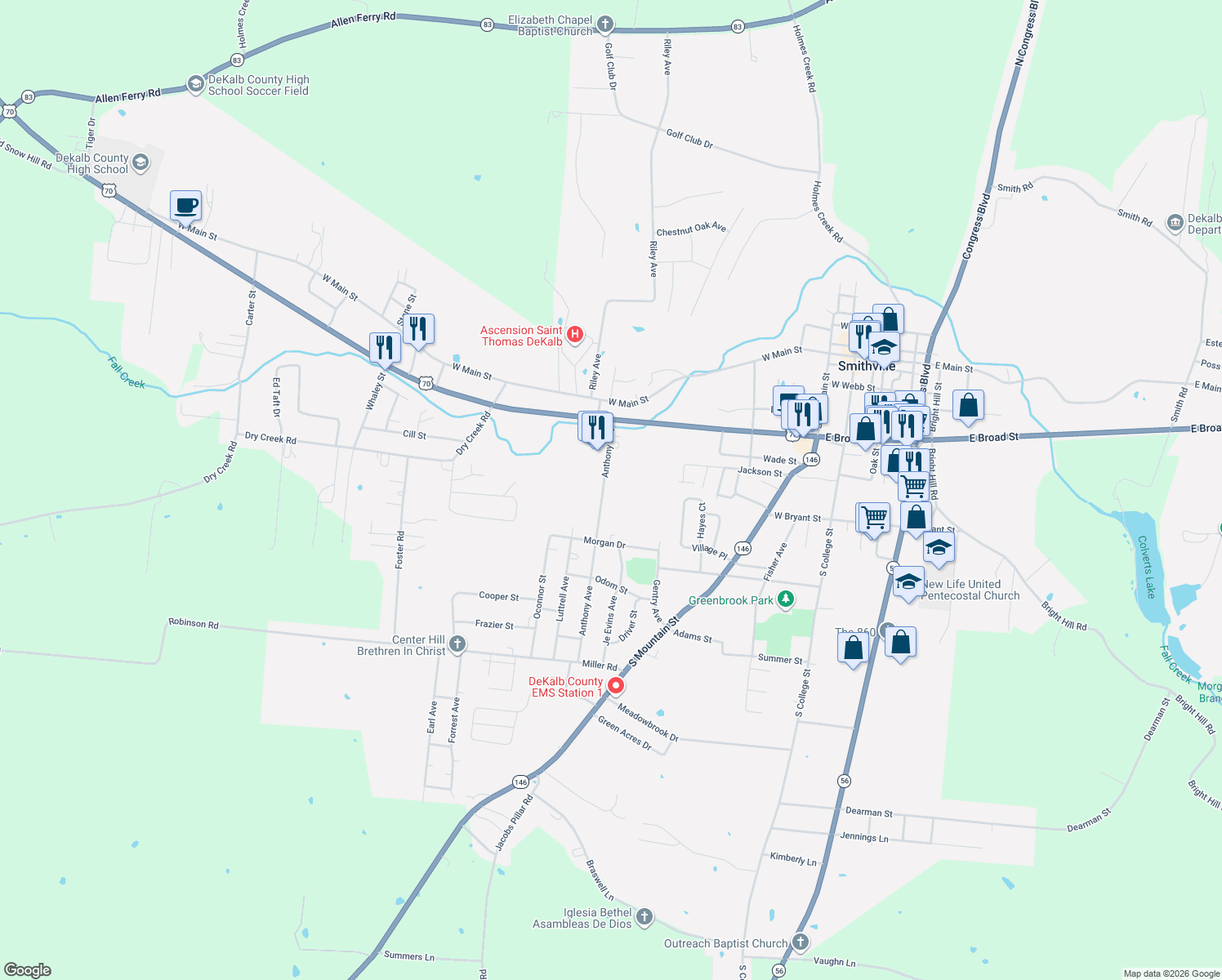 map of restaurants, bars, coffee shops, grocery stores, and more near 700 Anthony Ave in Smithville