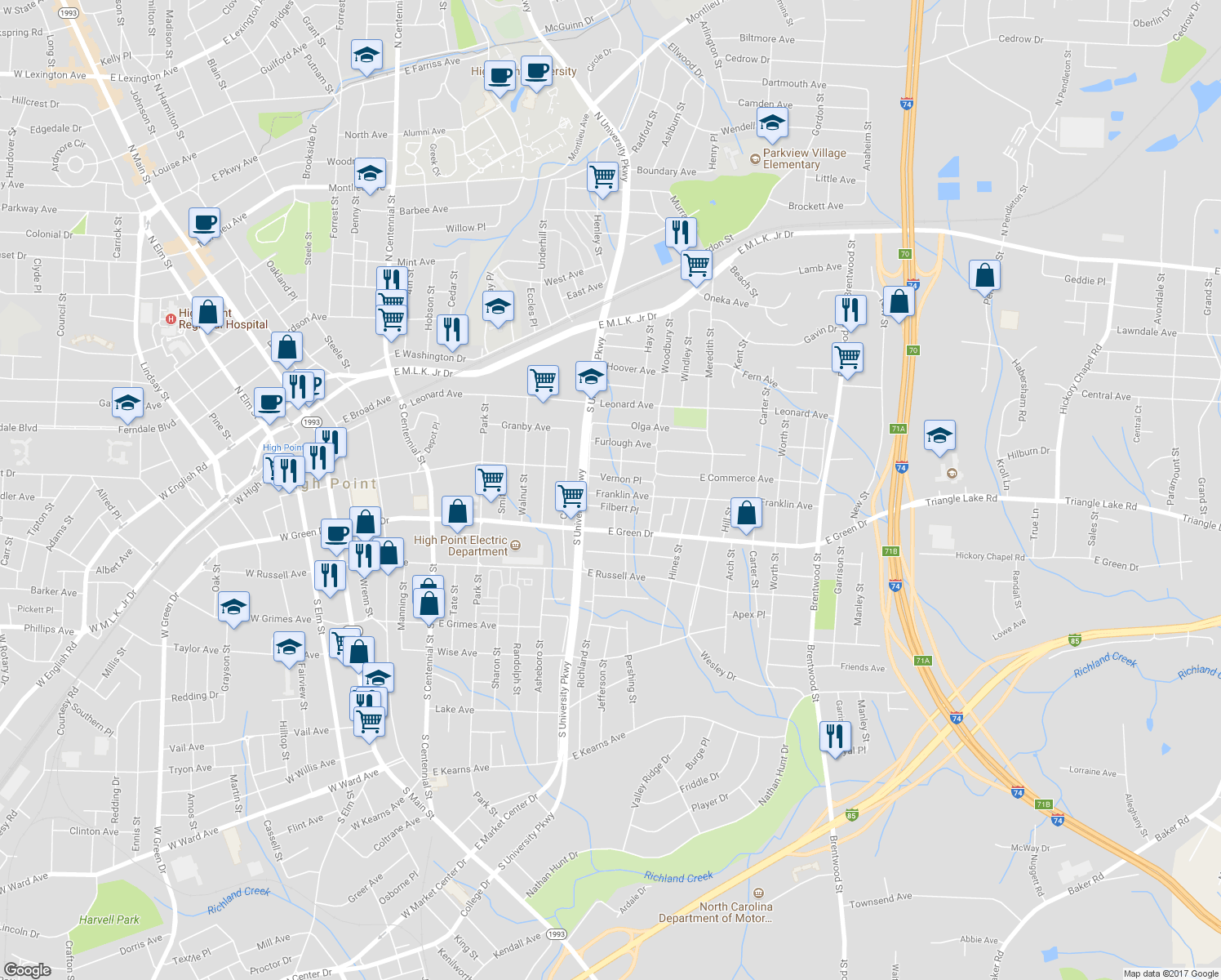 map of restaurants, bars, coffee shops, grocery stores, and more near 1213 Franklin Avenue in High Point