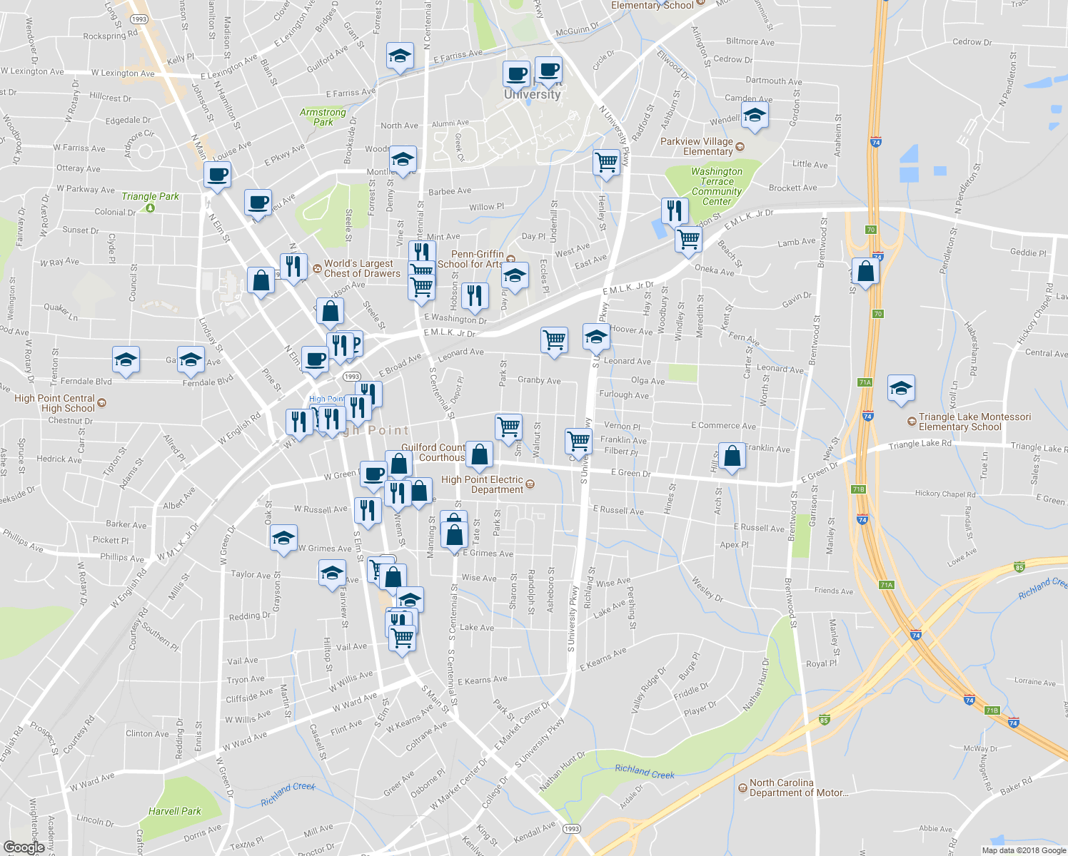 map of restaurants, bars, coffee shops, grocery stores, and more near 508 Walnut Street in High Point