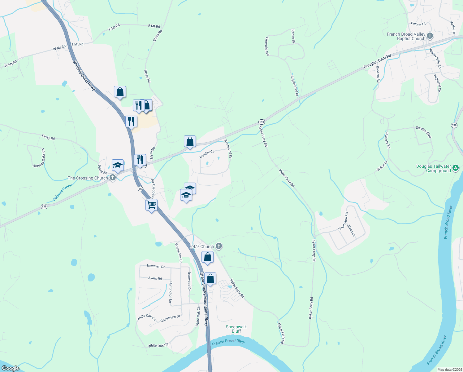 map of restaurants, bars, coffee shops, grocery stores, and more near 2770 Kentwood Drive in Kodak