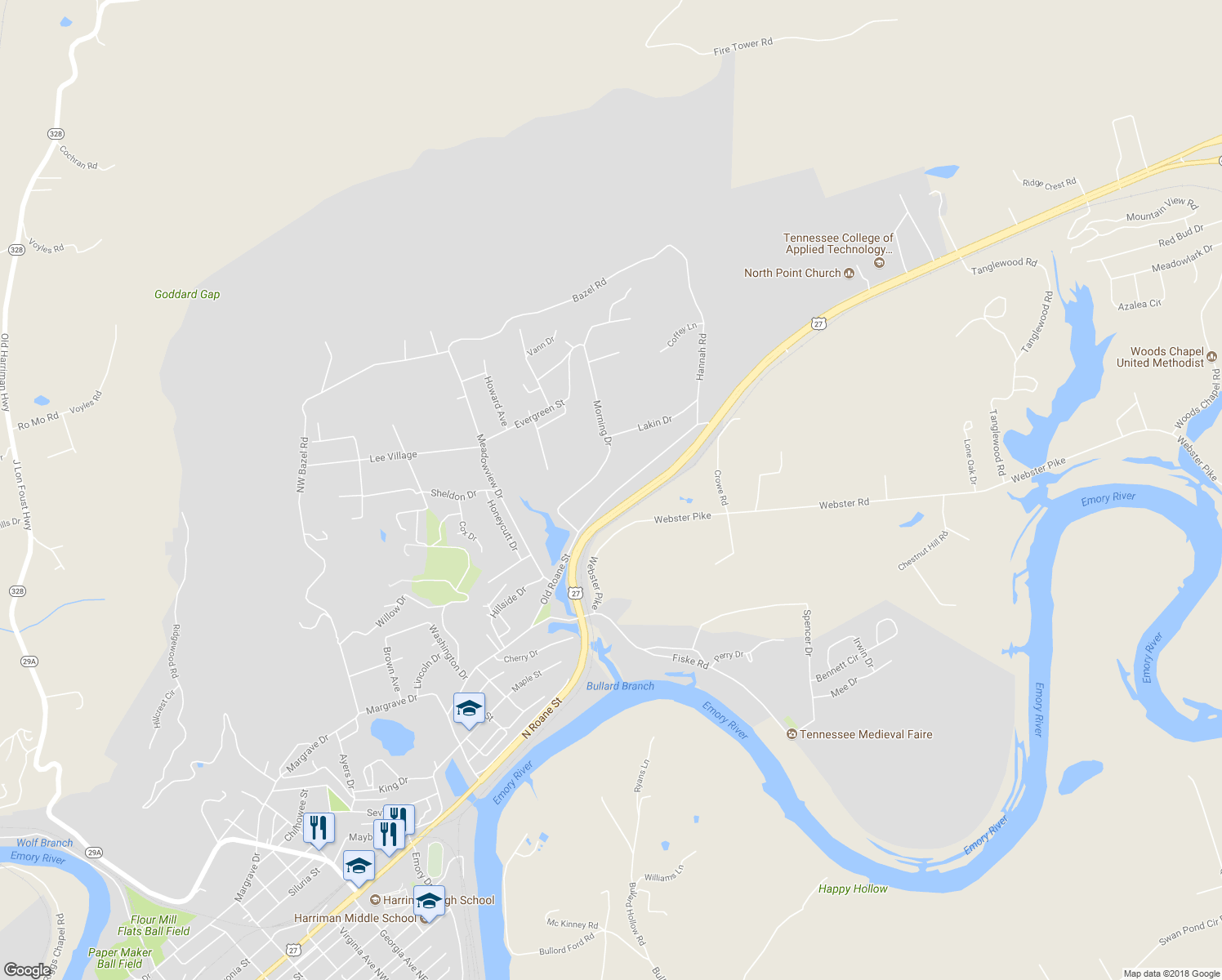 map of restaurants, bars, coffee shops, grocery stores, and more near 1635 Old Roane Street in Harriman