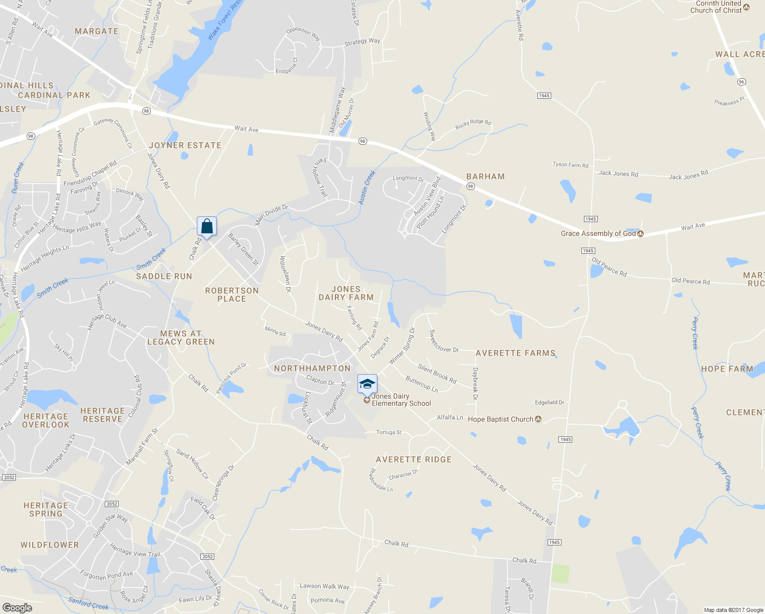 map of restaurants, bars, coffee shops, grocery stores, and more near 6308 Jones Farm Road in Wake Forest