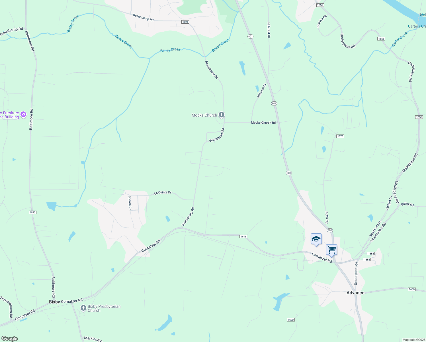map of restaurants, bars, coffee shops, grocery stores, and more near Lantern Drive in Advance