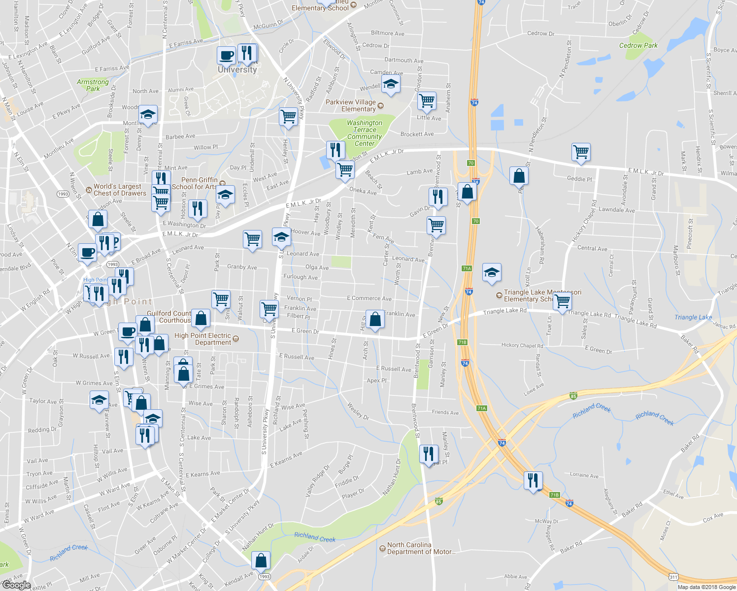 map of restaurants, bars, coffee shops, grocery stores, and more near 1513 East Commerce Avenue in High Point