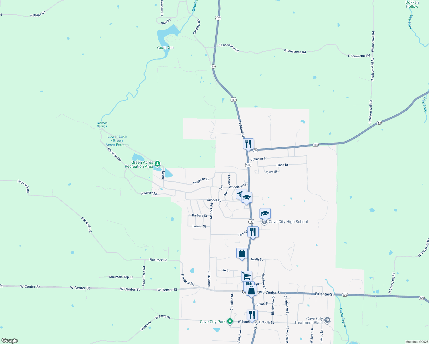 map of restaurants, bars, coffee shops, grocery stores, and more near 402 Dogwood in Cave City