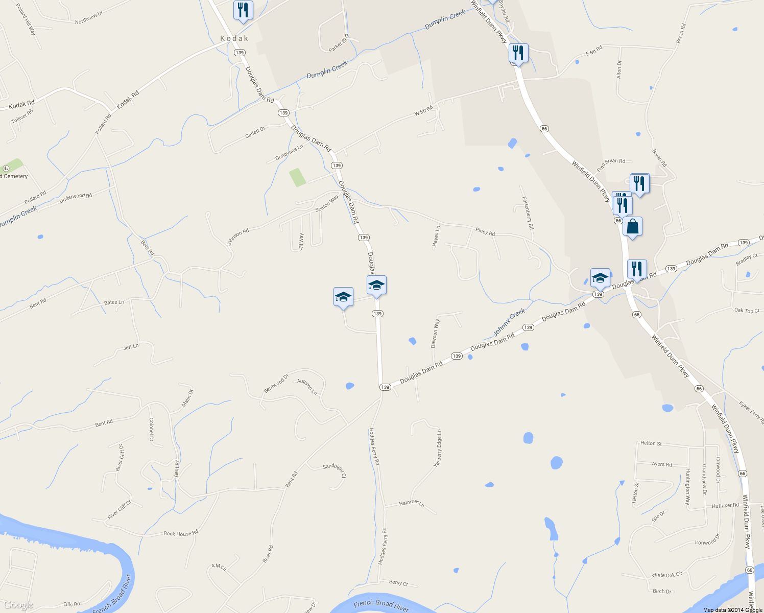 map of restaurants, bars, coffee shops, grocery stores, and more near 3280 Douglas Dam Road in Kodak