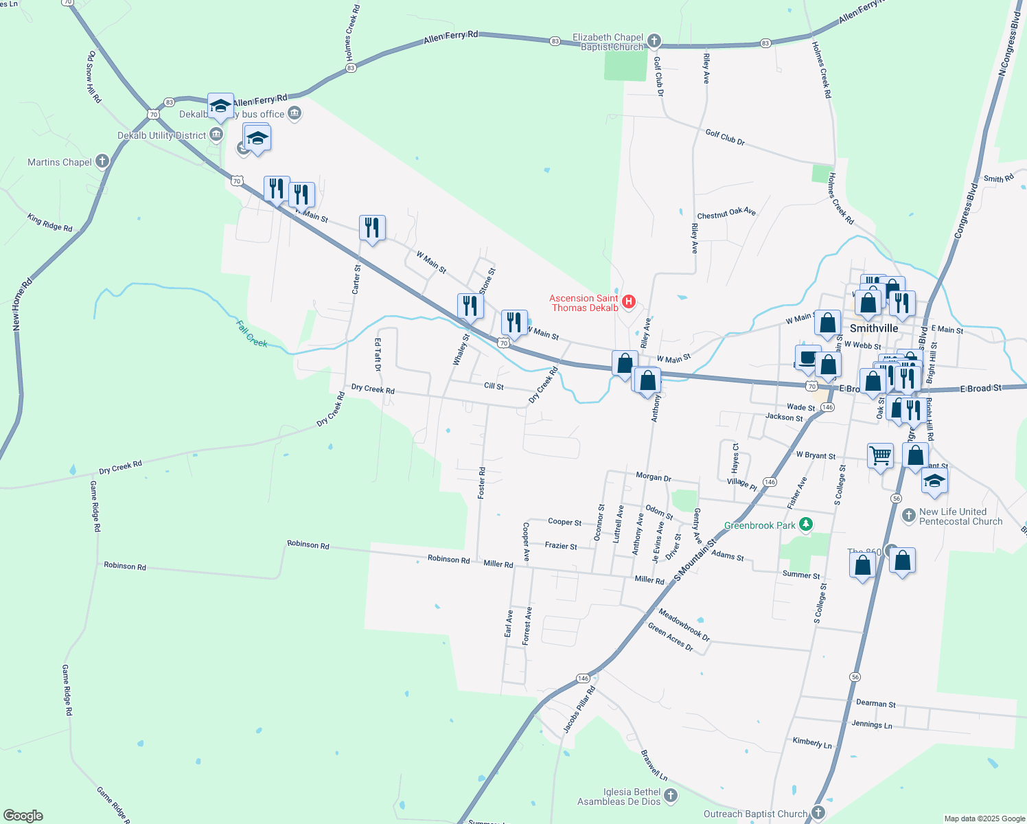 map of restaurants, bars, coffee shops, grocery stores, and more near 609 Dry Creek Rd in Smithville
