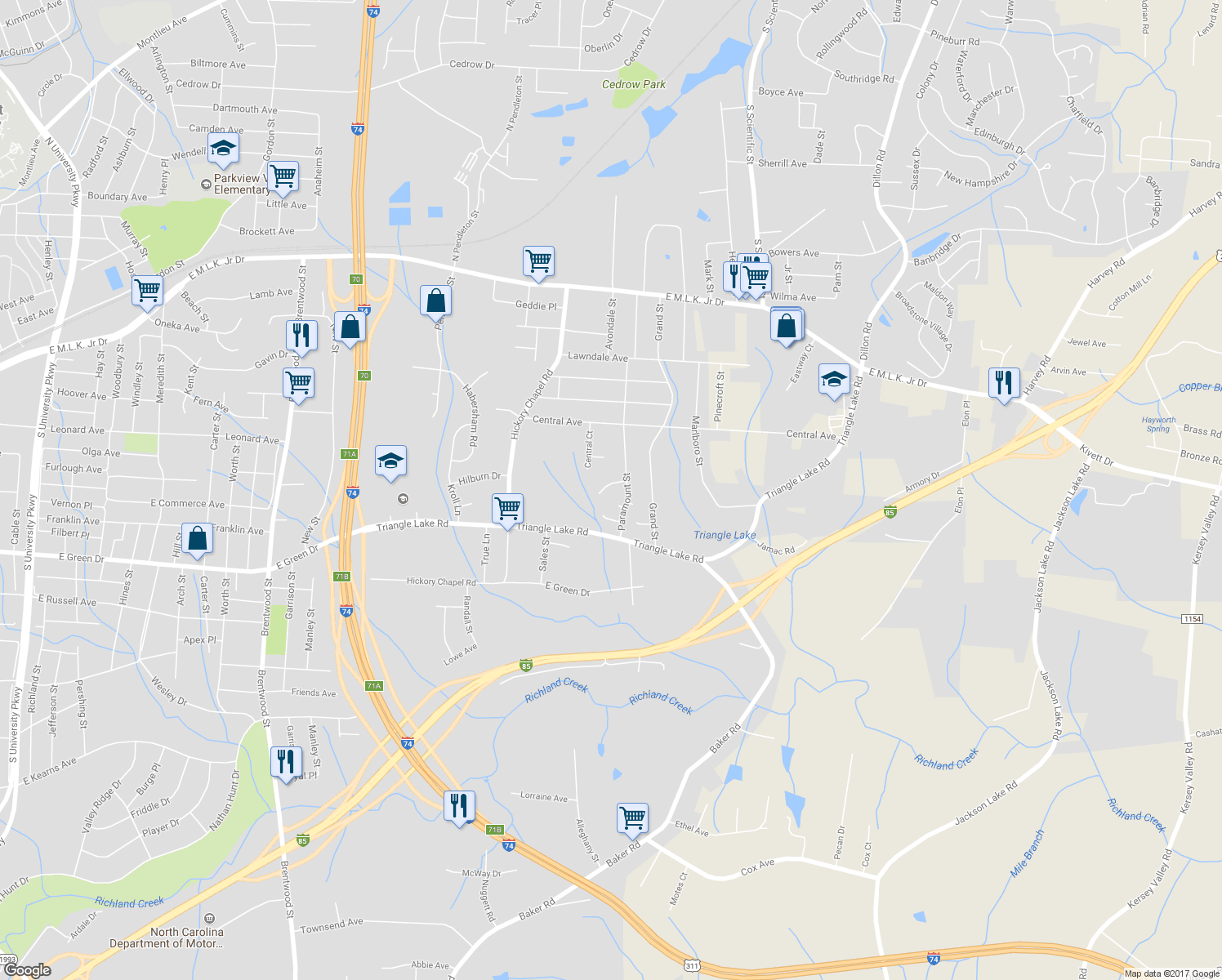 map of restaurants, bars, coffee shops, grocery stores, and more near 2930 Median Court in High Point