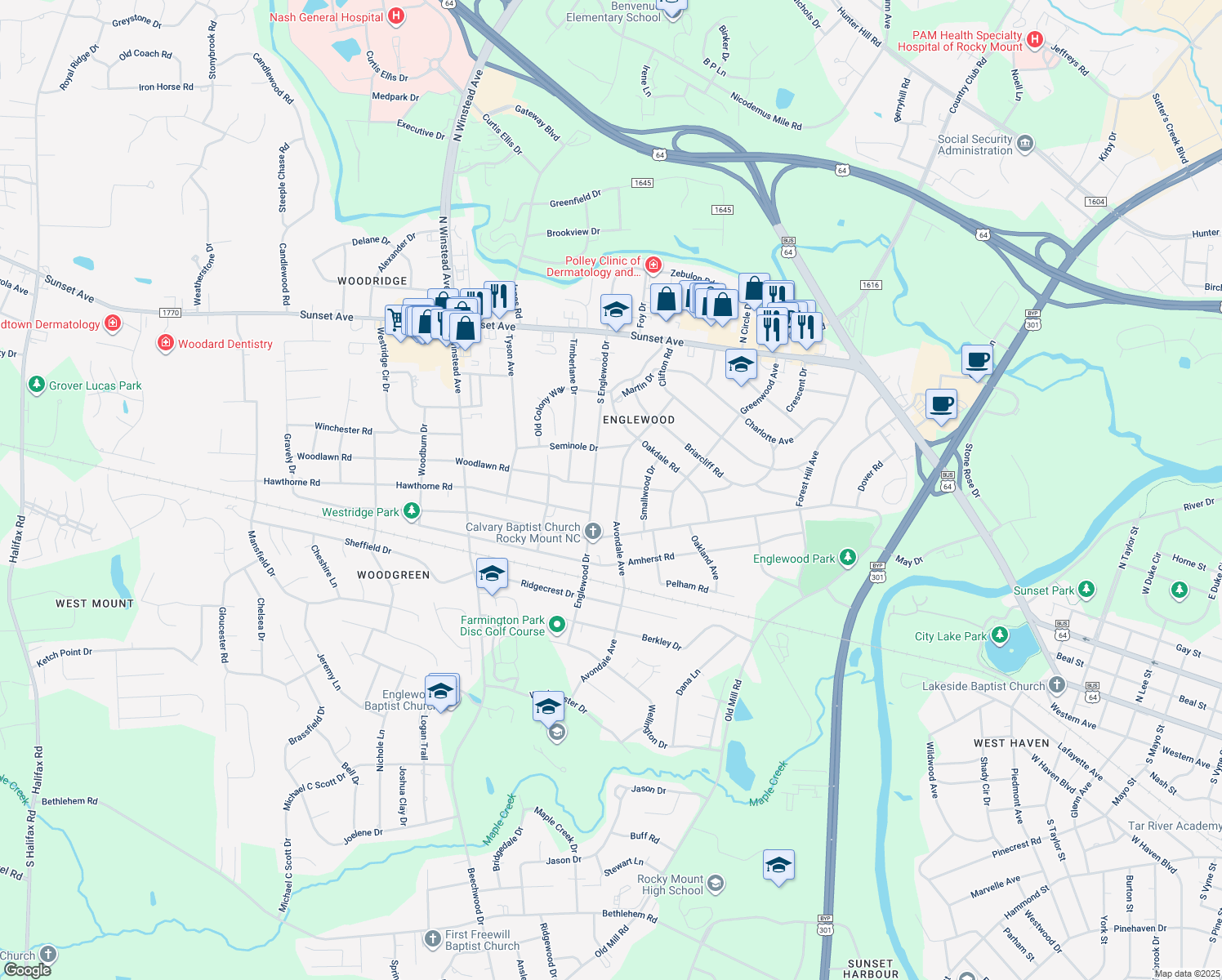 map of restaurants, bars, coffee shops, grocery stores, and more near 600 Avondale Avenue in Rocky Mount