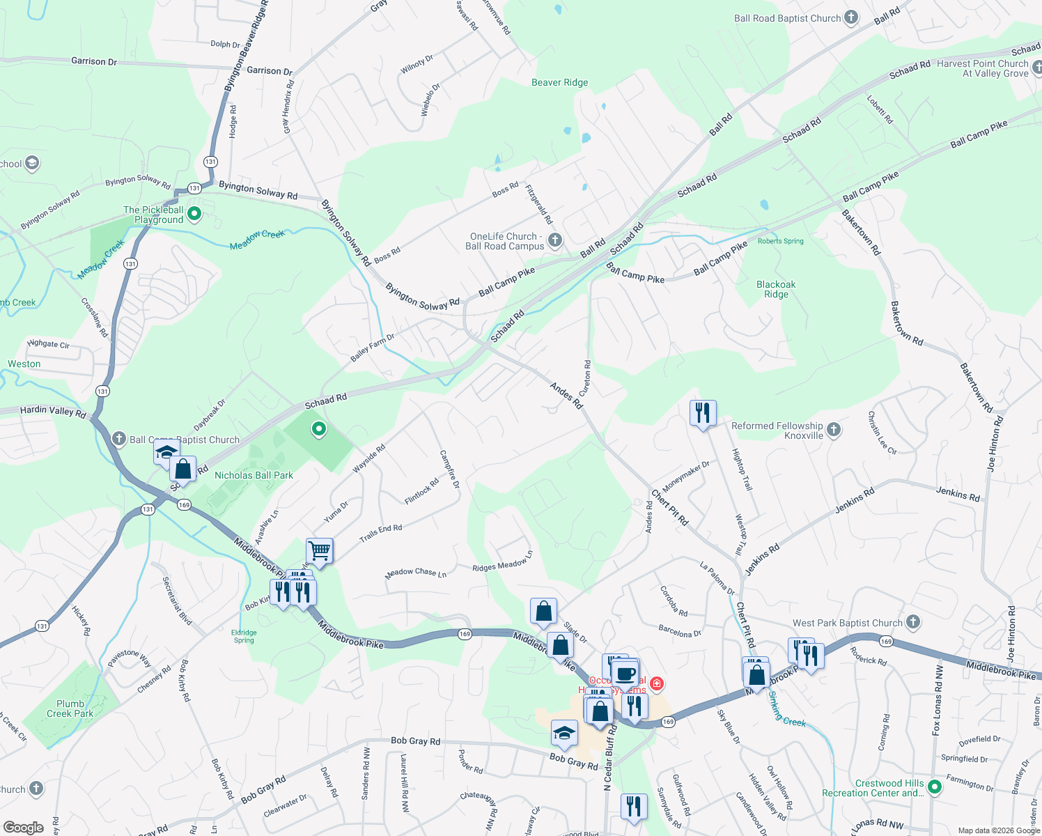 map of restaurants, bars, coffee shops, grocery stores, and more near 8531 Troutman Lane in Knoxville