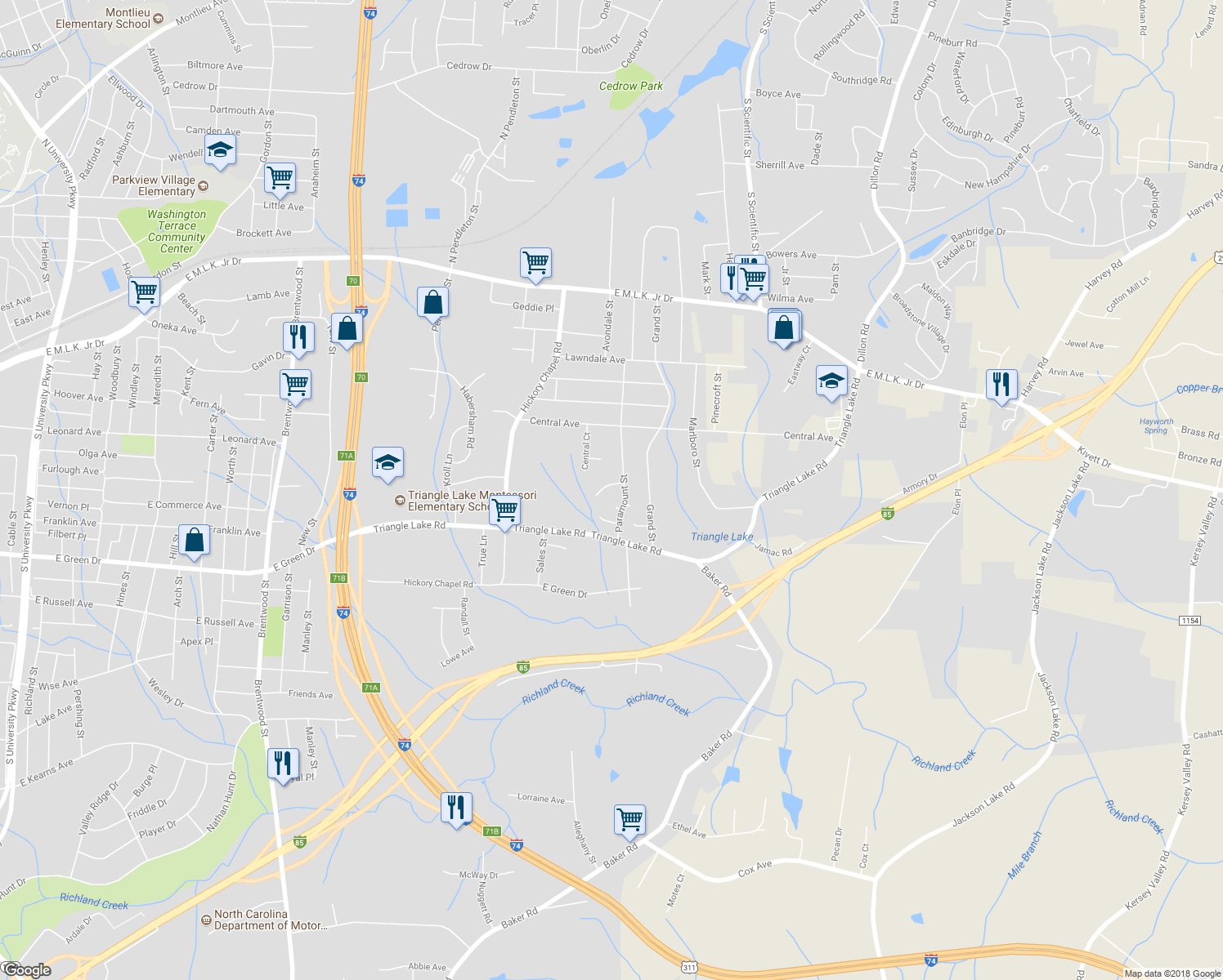 map of restaurants, bars, coffee shops, grocery stores, and more near 2932 Median Court in High Point