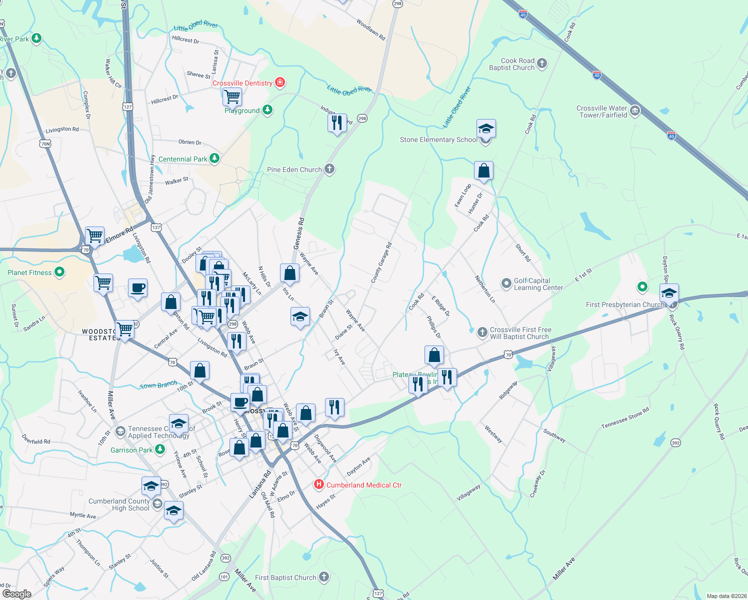 map of restaurants, bars, coffee shops, grocery stores, and more near 130 County Garage Rd in Crossville