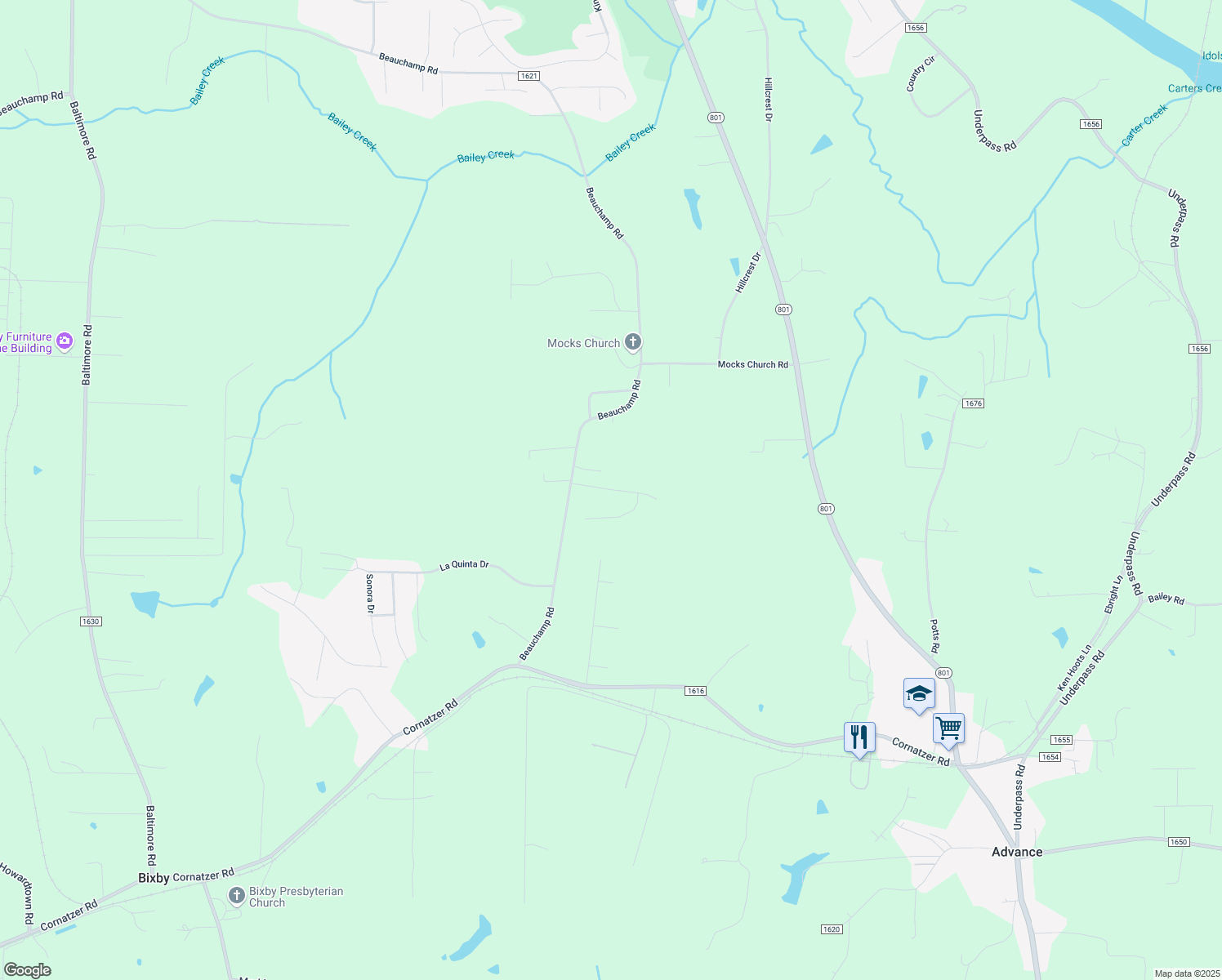 map of restaurants, bars, coffee shops, grocery stores, and more near Lantern Drive in Advance