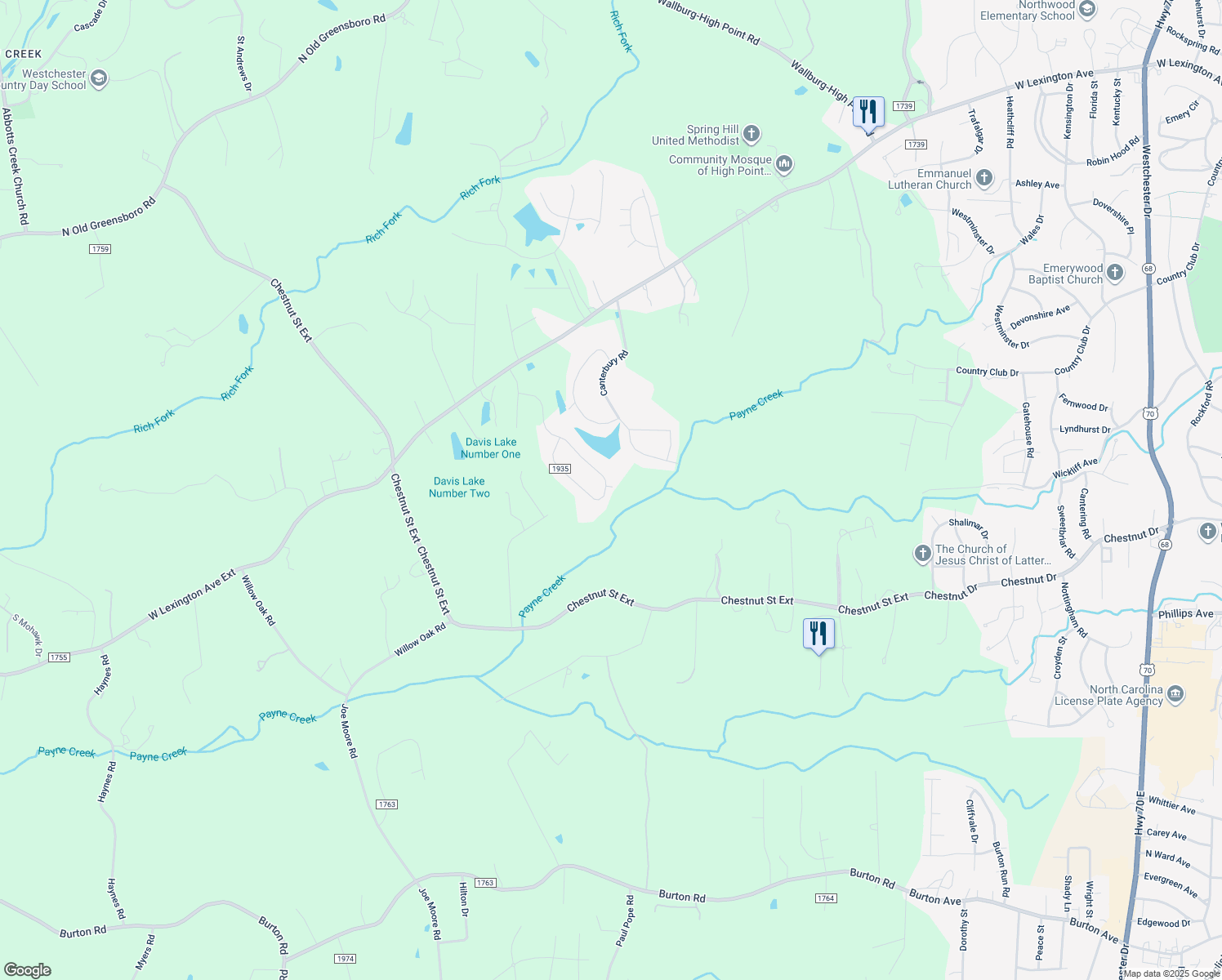 map of restaurants, bars, coffee shops, grocery stores, and more near 517 Merry Hills Drive in High Point