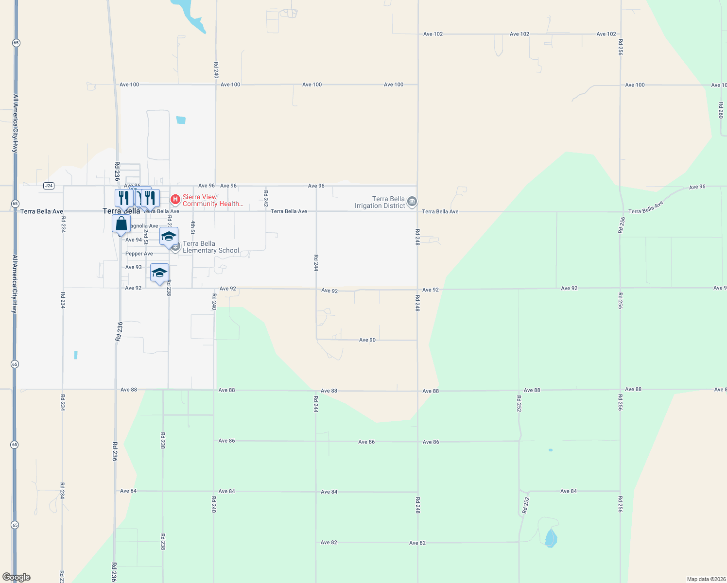 map of restaurants, bars, coffee shops, grocery stores, and more near 24608 Ave 92 in Terra Bella