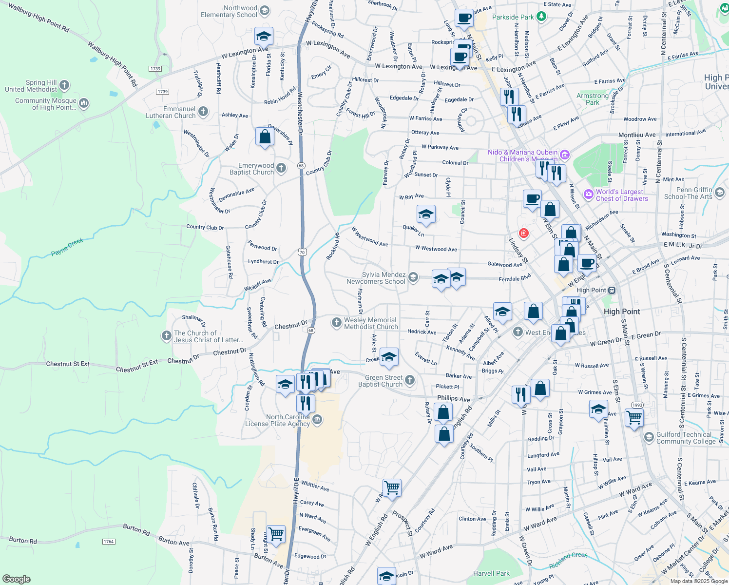 map of restaurants, bars, coffee shops, grocery stores, and more near 724 Florham Drive in High Point