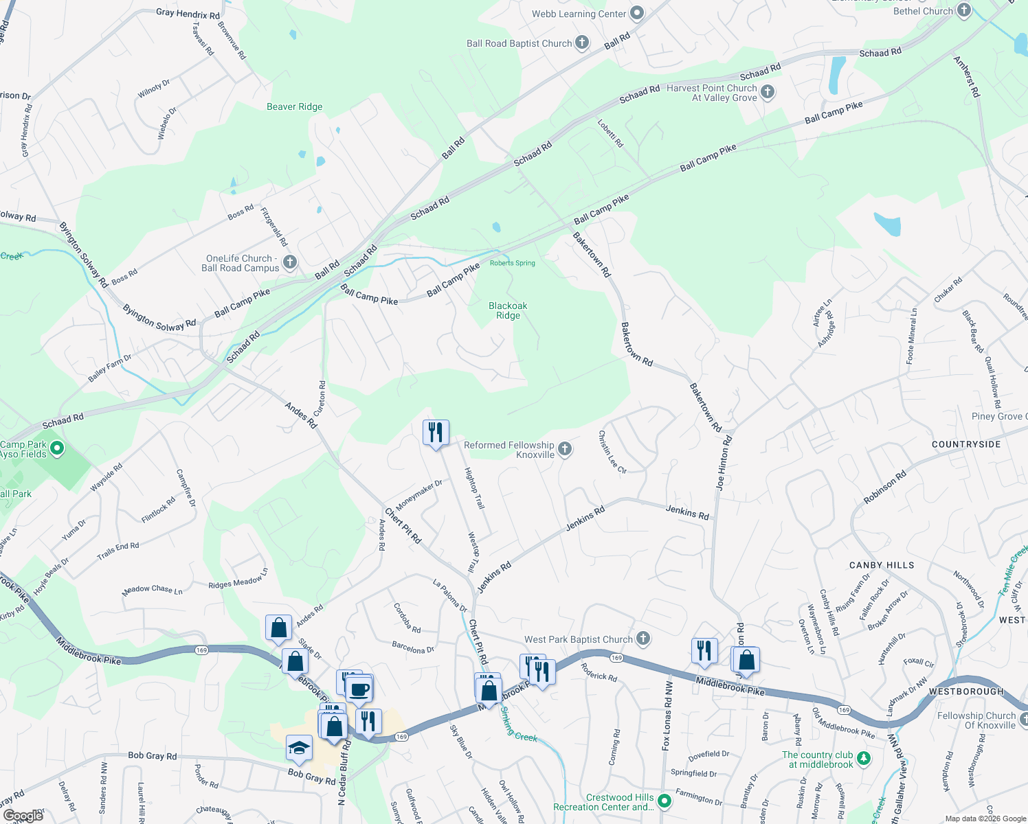 map of restaurants, bars, coffee shops, grocery stores, and more near 8906 Bert Newman Lane in Knoxville