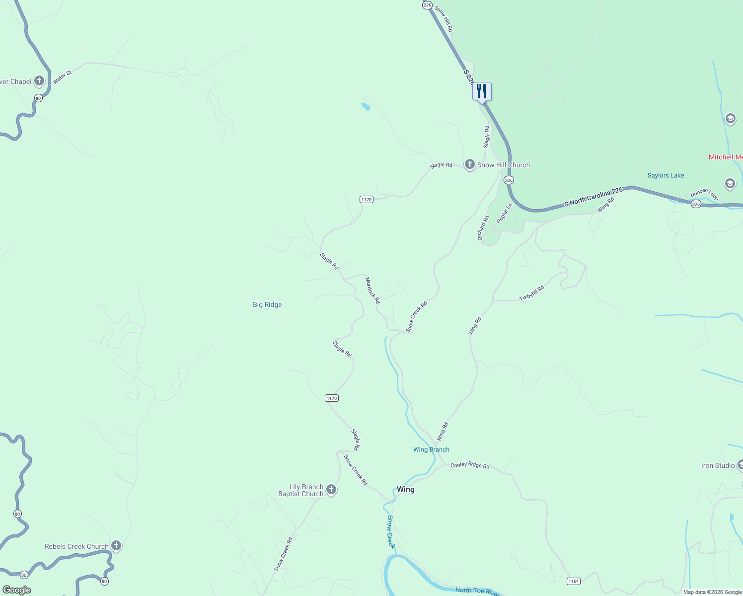 map of restaurants, bars, coffee shops, grocery stores, and more near 214 Murdock Road in Bakersville