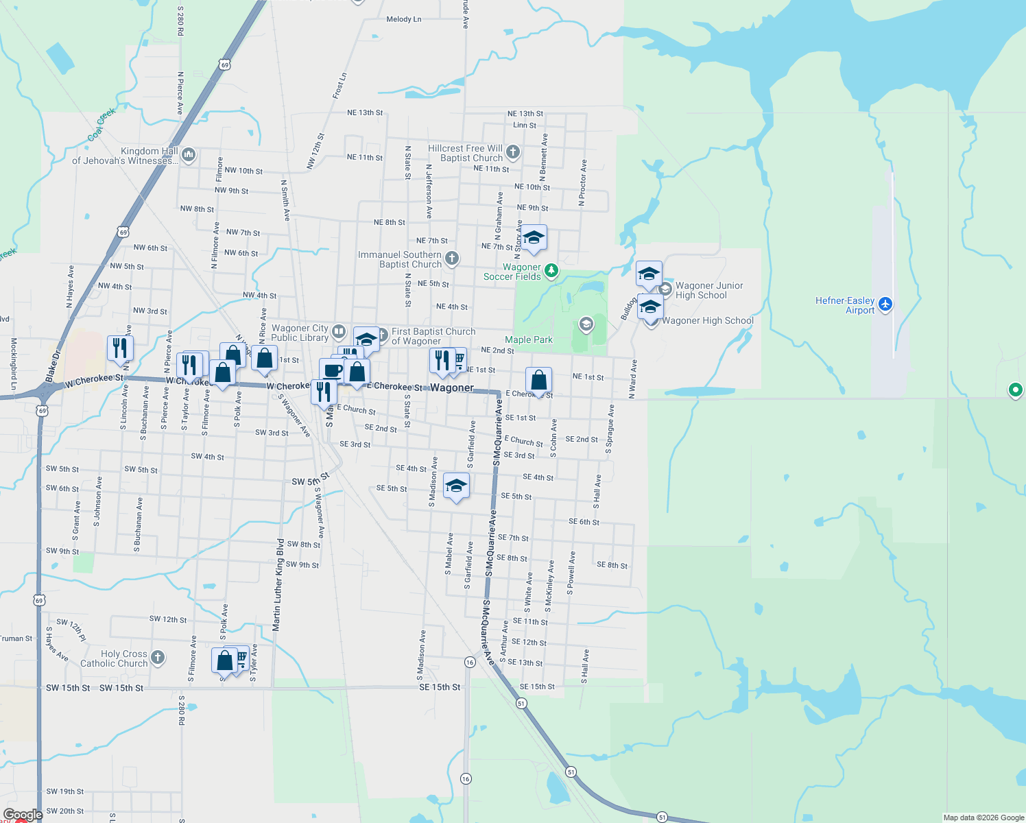map of restaurants, bars, coffee shops, grocery stores, and more near 109 South Story Avenue in Wagoner