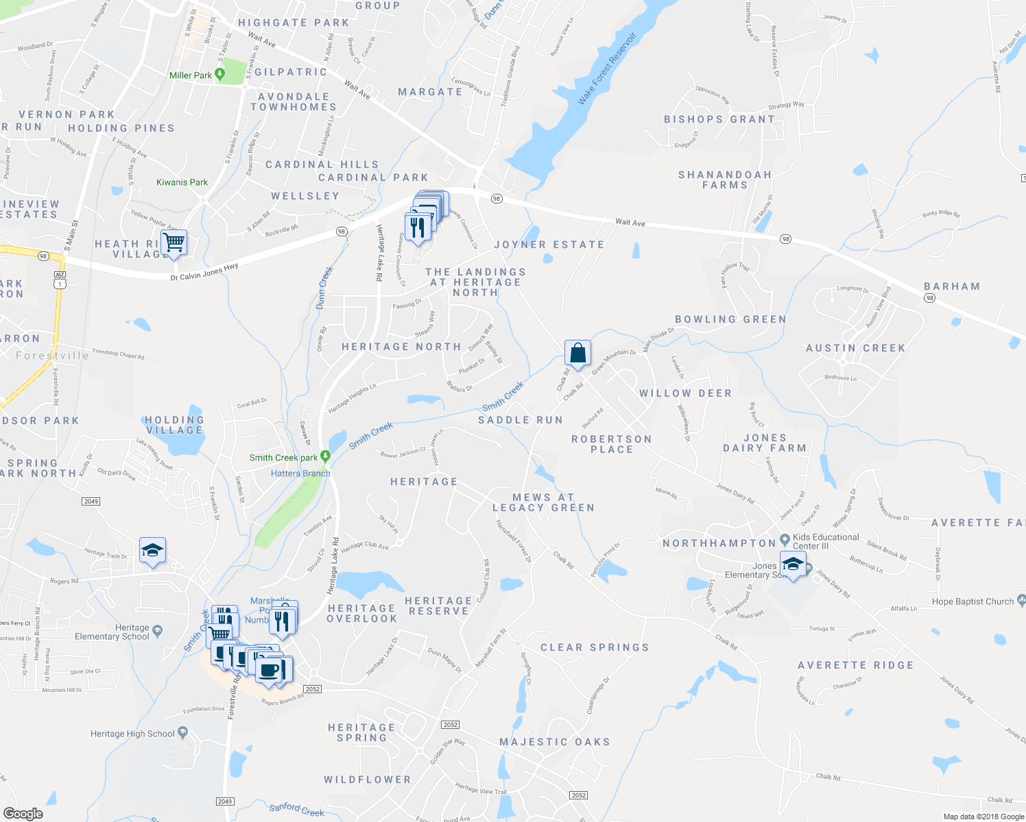 map of restaurants, bars, coffee shops, grocery stores, and more near 1604 Gracie Girl Way in Wake Forest