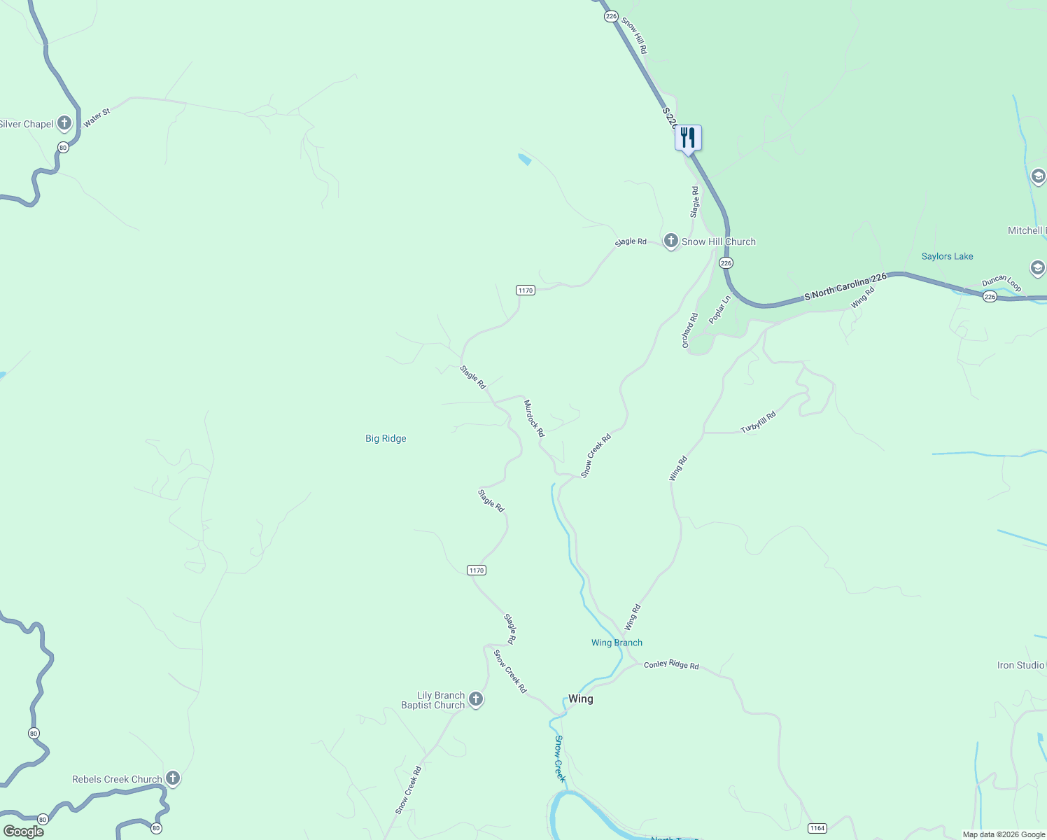 map of restaurants, bars, coffee shops, grocery stores, and more near 214 Murdock Road in Bakersville