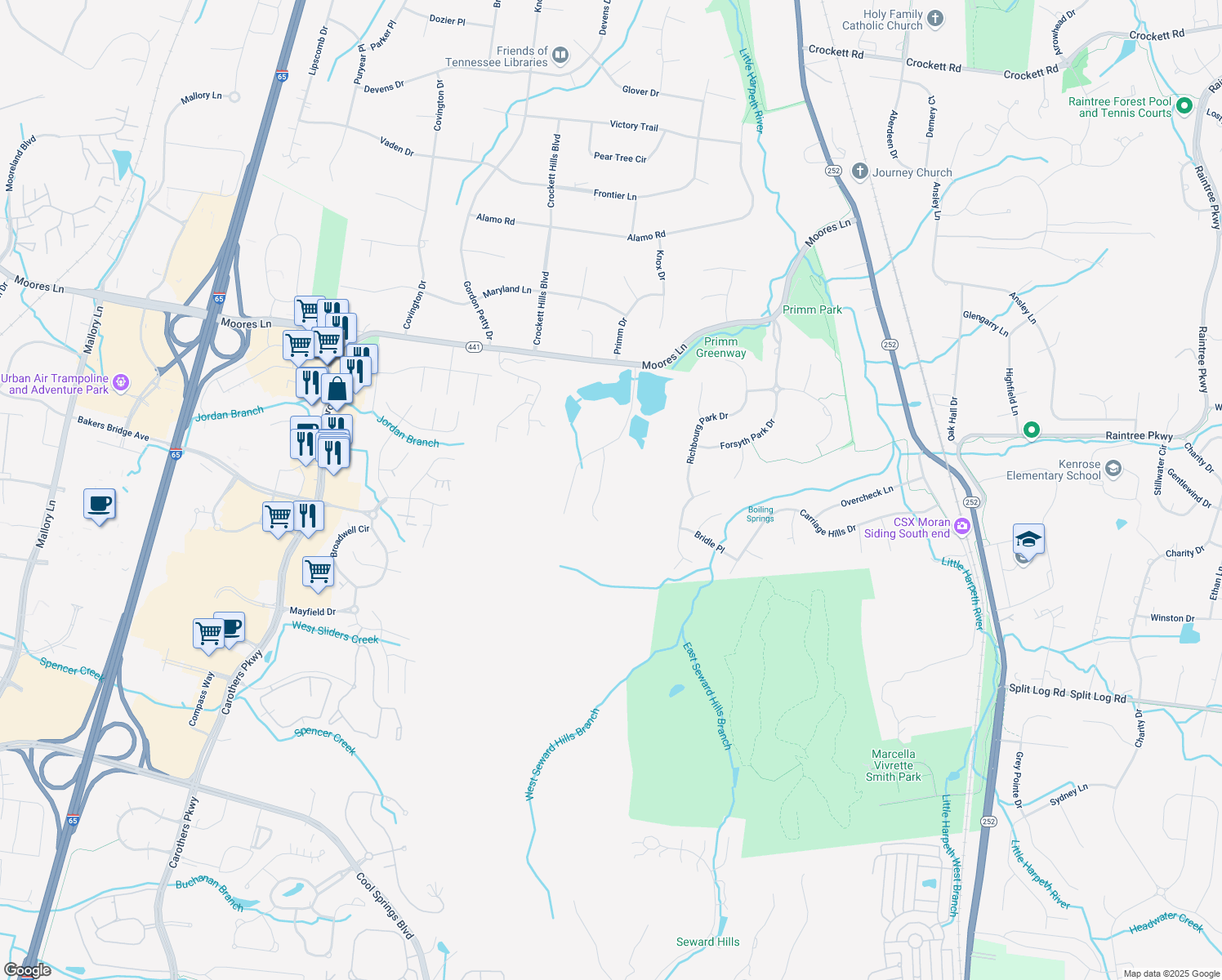 map of restaurants, bars, coffee shops, grocery stores, and more near 1718 Andrew Crockett Court in Brentwood