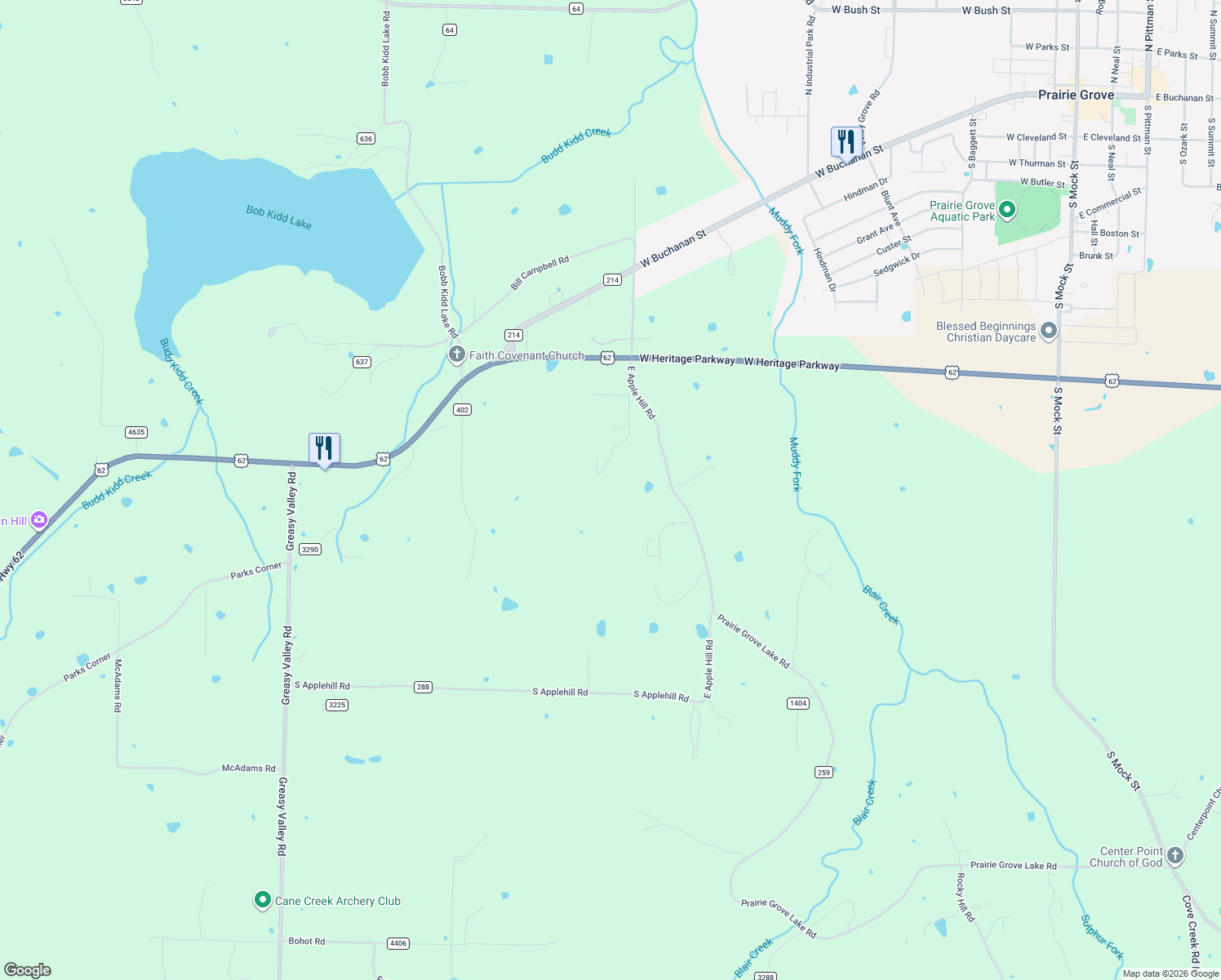 map of restaurants, bars, coffee shops, grocery stores, and more near 11291 East Apple Hill Road in Prairie Grove