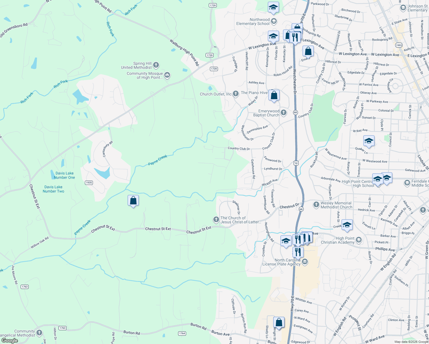 map of restaurants, bars, coffee shops, grocery stores, and more near 2839 Fallin Court in High Point
