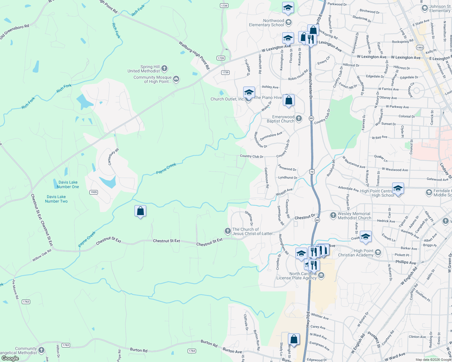 map of restaurants, bars, coffee shops, grocery stores, and more near 2839 Fallin Court in High Point