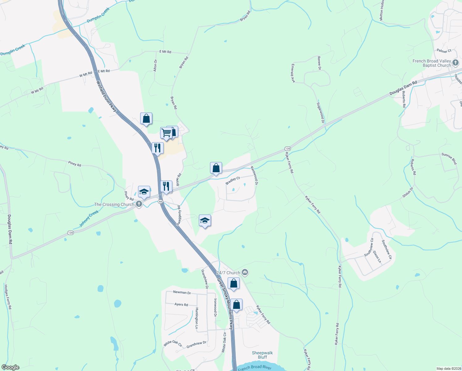 map of restaurants, bars, coffee shops, grocery stores, and more near 1036 Bradley Court in Kodak