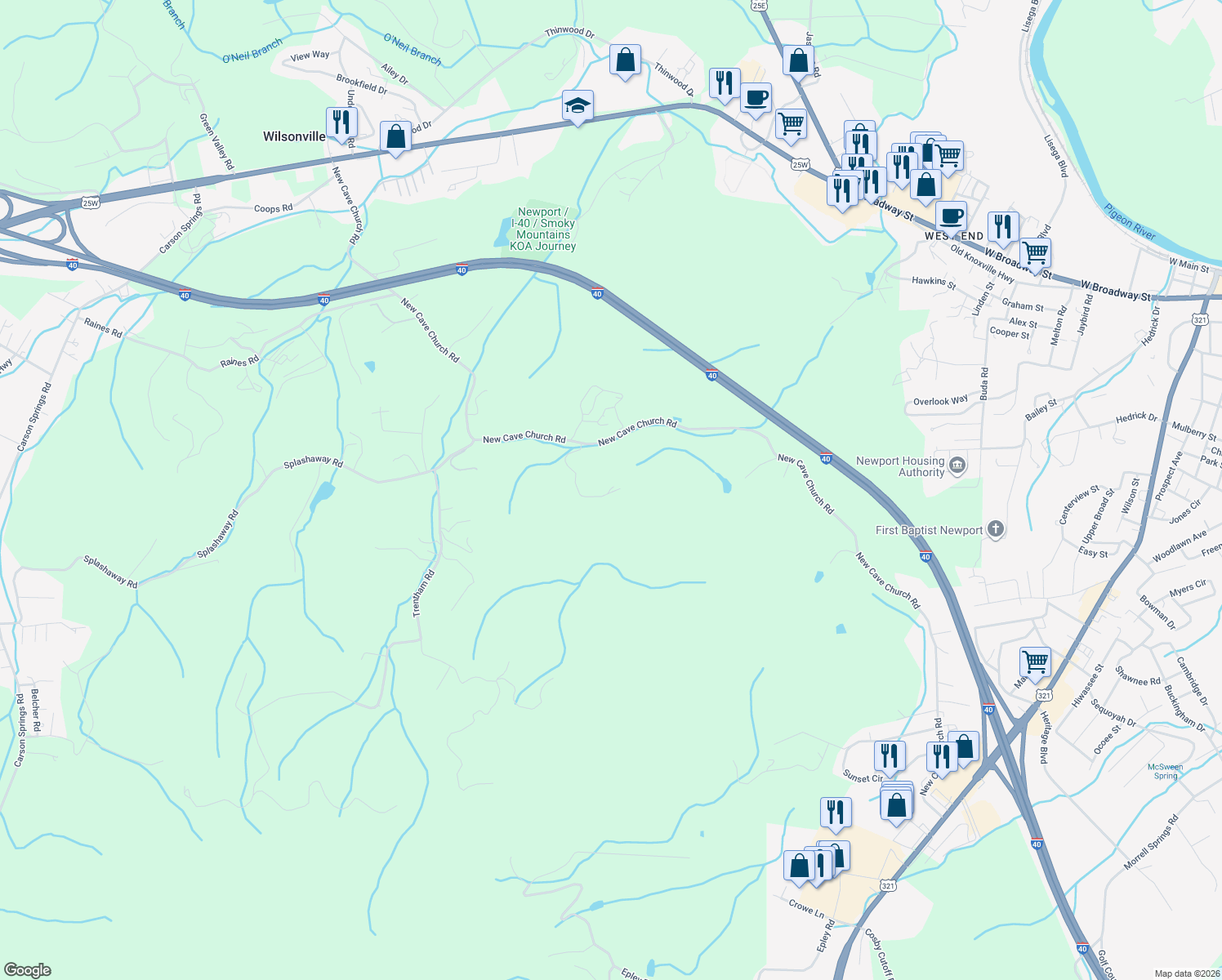 map of restaurants, bars, coffee shops, grocery stores, and more near 363 New Cave Church Road in Newport