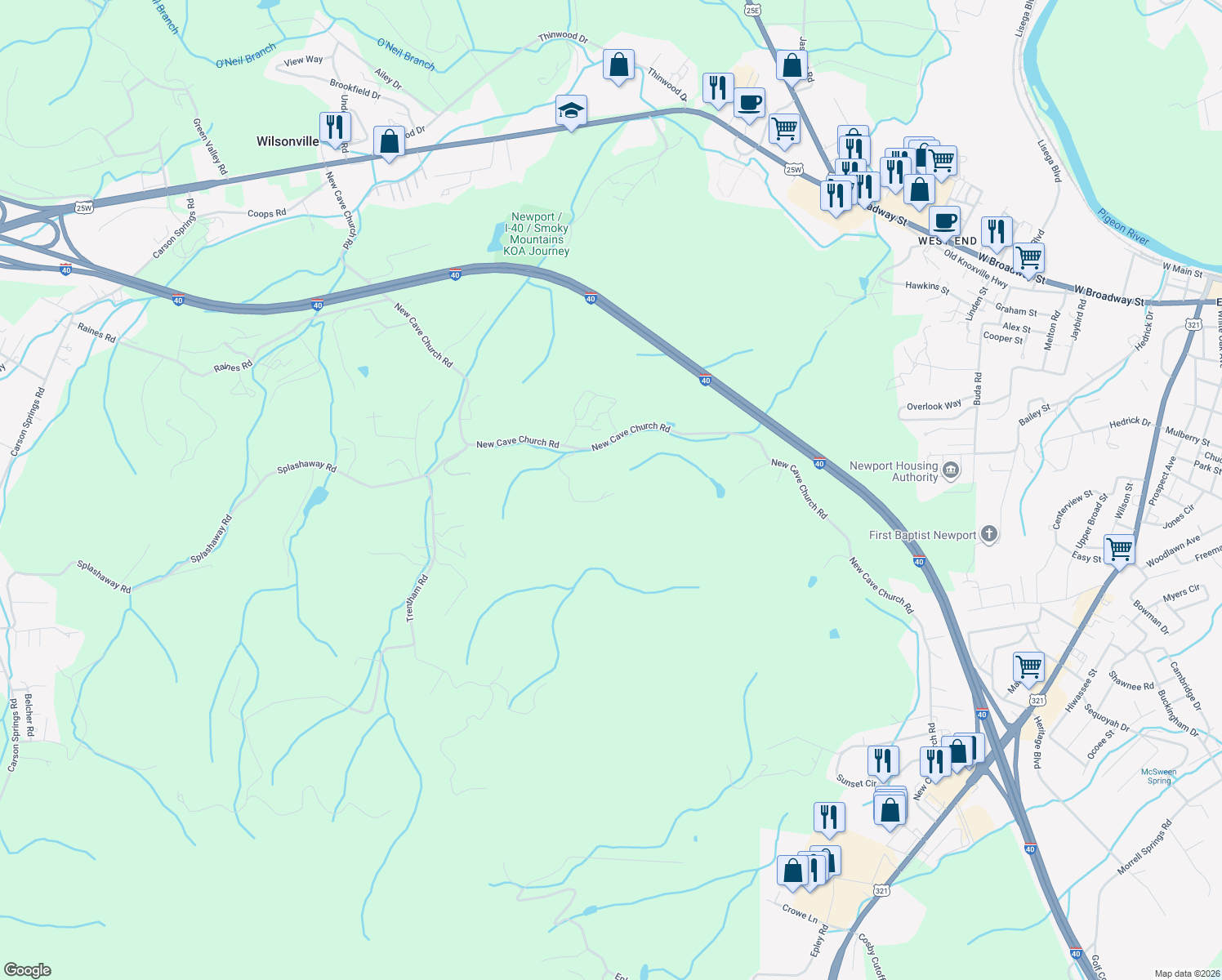 map of restaurants, bars, coffee shops, grocery stores, and more near 363 New Cave Church Road in Newport