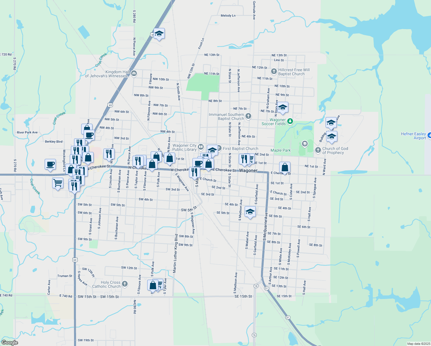 map of restaurants, bars, coffee shops, grocery stores, and more near 318 East Cherokee Street in Wagoner