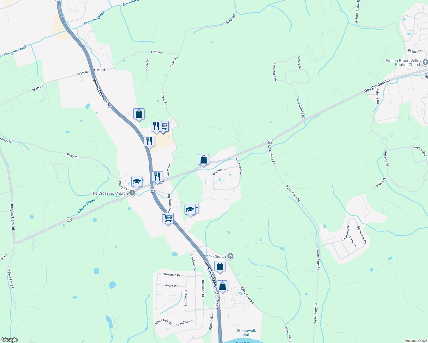 map of restaurants, bars, coffee shops, grocery stores, and more near 1036 Bradley Court in Kodak