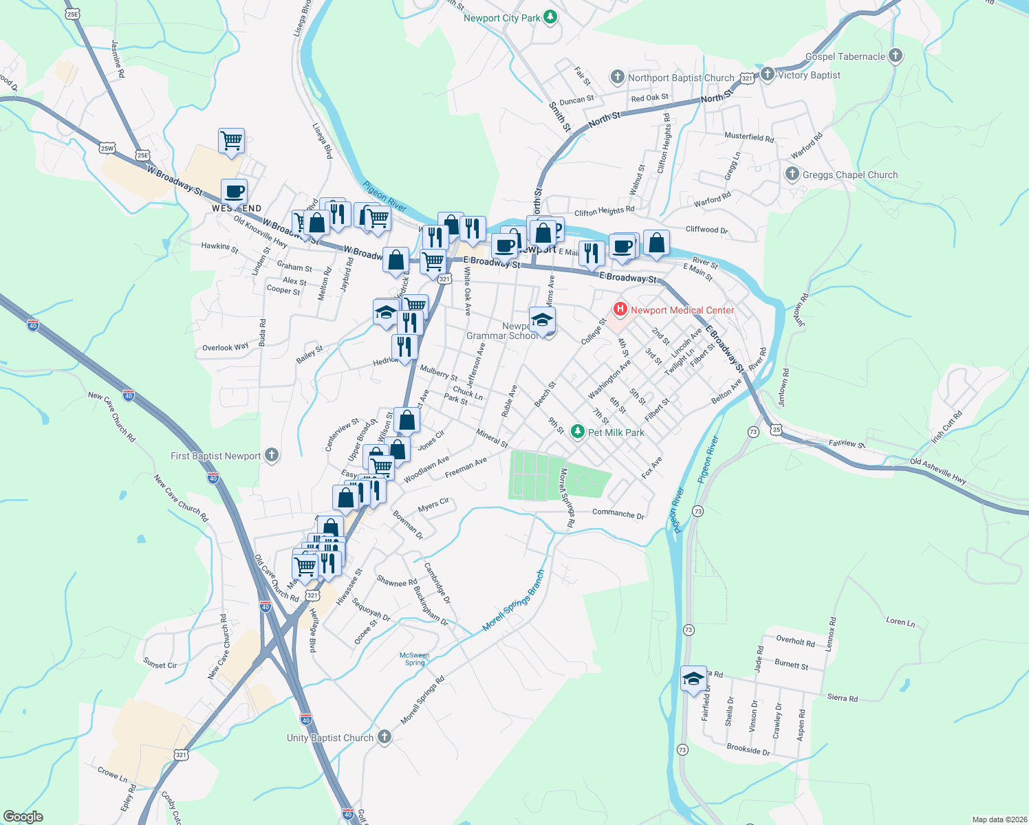 map of restaurants, bars, coffee shops, grocery stores, and more near 307 10th St in Newport