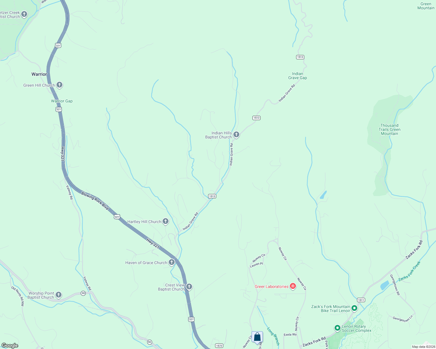 map of restaurants, bars, coffee shops, grocery stores, and more near 2260 Indian Trail in Lenoir