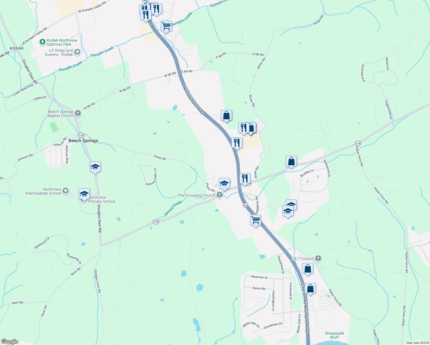 map of restaurants, bars, coffee shops, grocery stores, and more near 122 Piney Rd in Sevierville