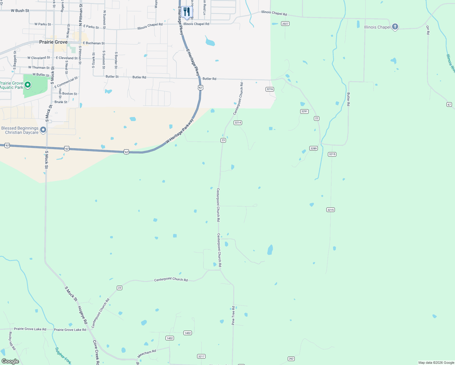 map of restaurants, bars, coffee shops, grocery stores, and more near 11434 Centerpoint Church Road in Prairie Grove