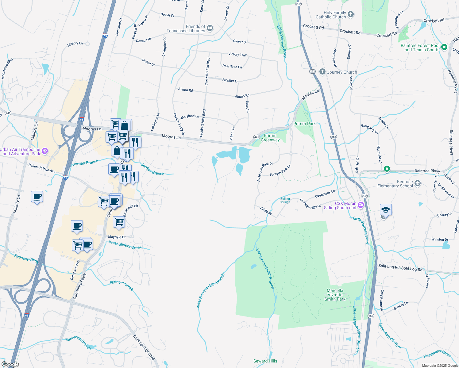 map of restaurants, bars, coffee shops, grocery stores, and more near 1718 Andrew Crockett Court in Brentwood