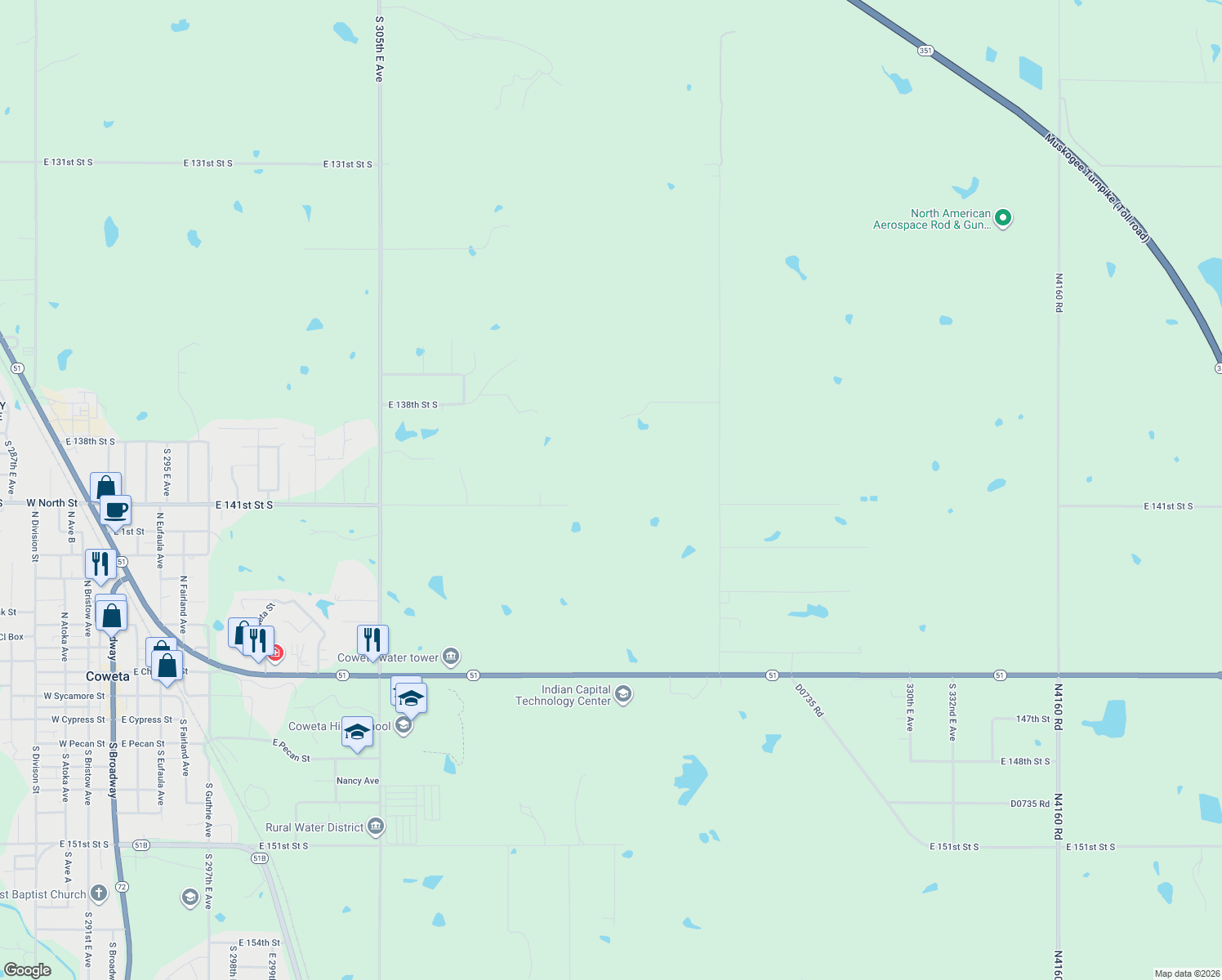 map of restaurants, bars, coffee shops, grocery stores, and more near 31357 E 141st Street South in Coweta