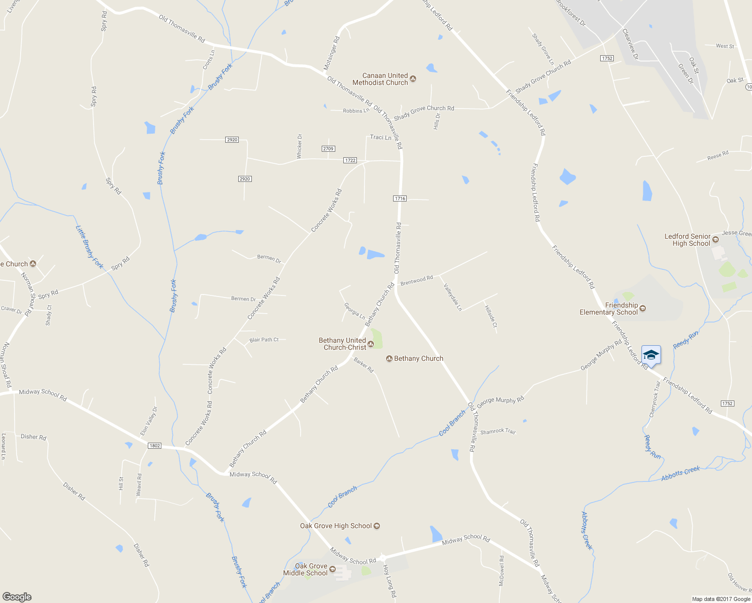 map of restaurants, bars, coffee shops, grocery stores, and more near 1225 Bethany Church Road in Winston-Salem