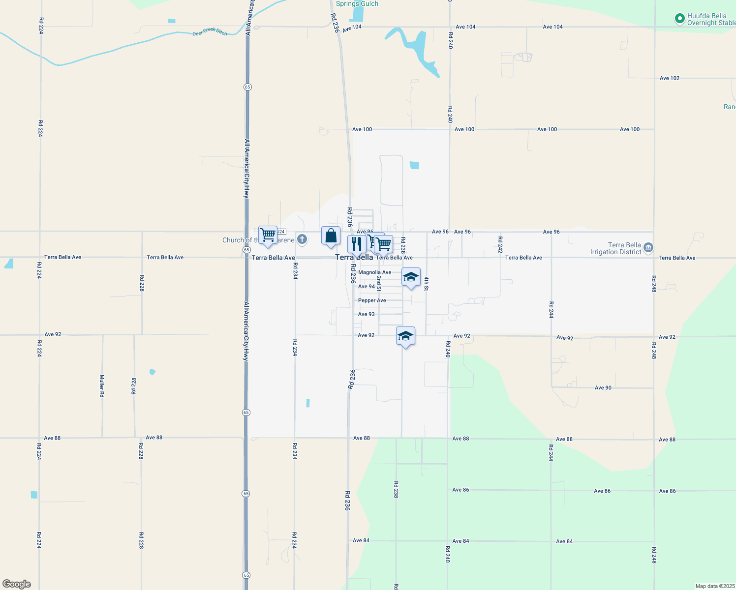 map of restaurants, bars, coffee shops, grocery stores, and more near 23648 Pepper Ave in Terra Bella