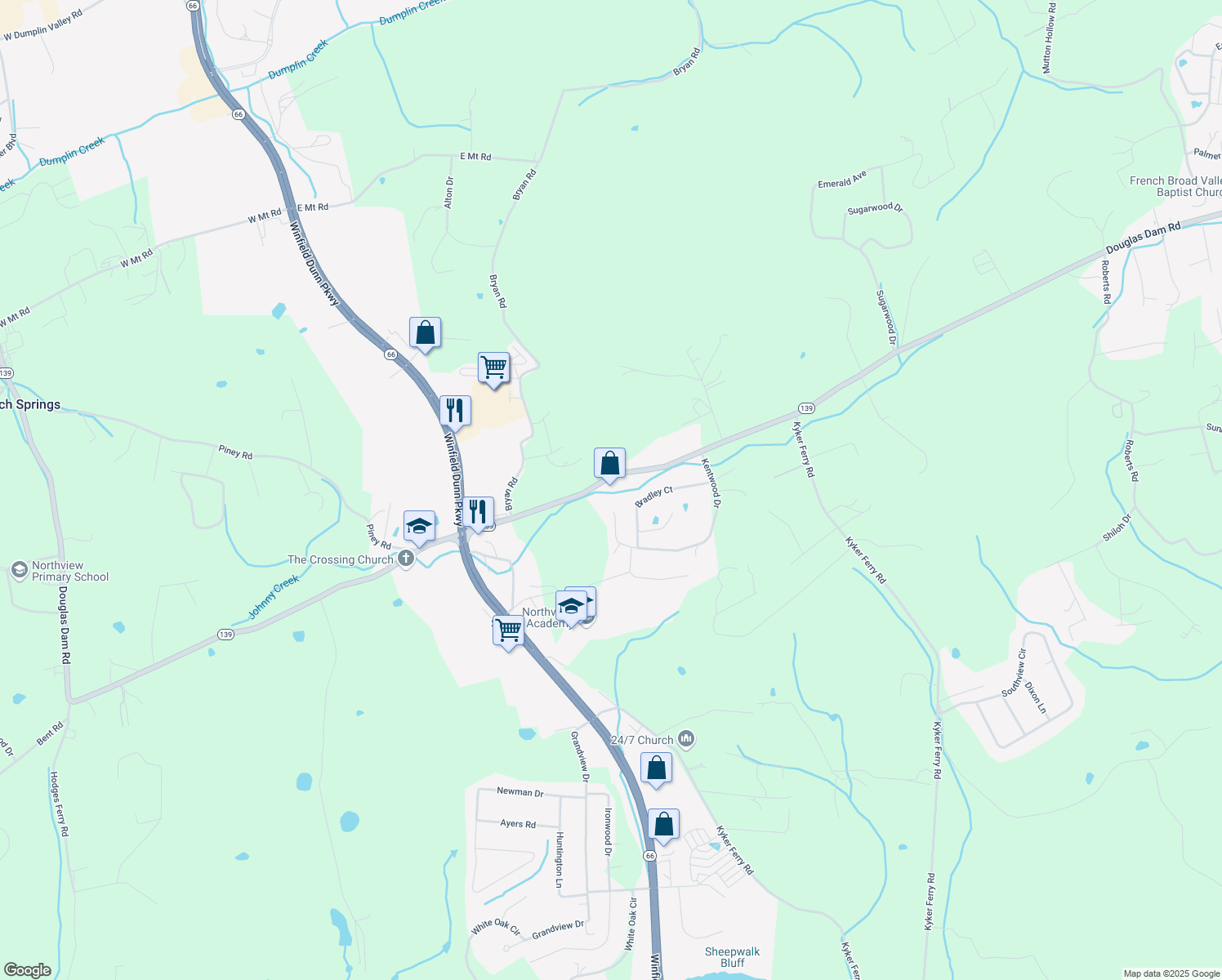 map of restaurants, bars, coffee shops, grocery stores, and more near 310 Douglas Dam Road in Kodak